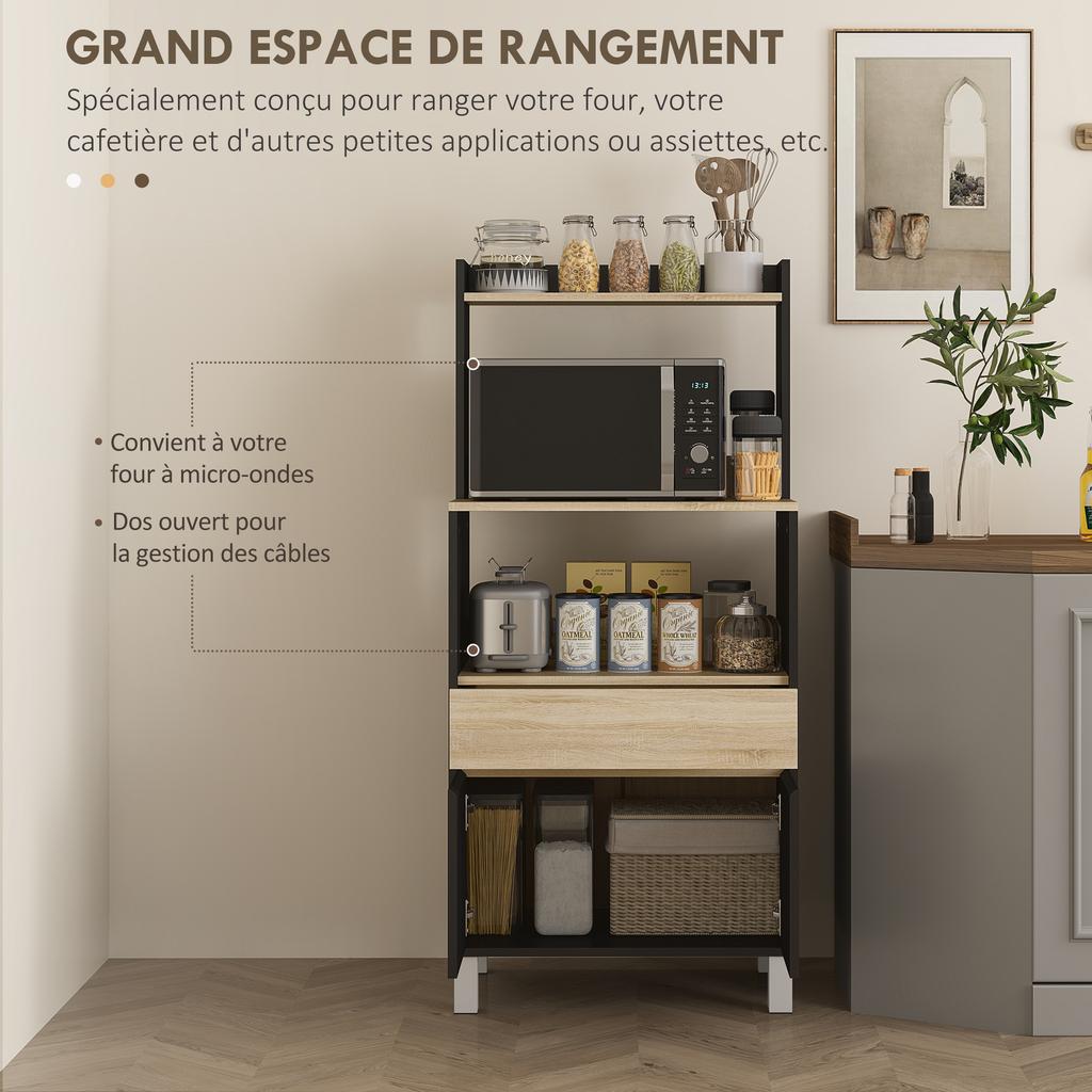 Microwave Cabinet, Kitchen Sideboard, Cupboard, Drawer, Top Shelf, 60 x 40 x 131 cm, Oak and Black