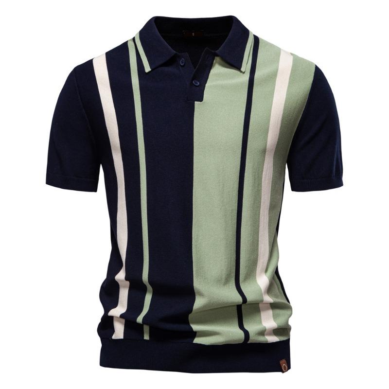 Summer New Men's Lapel Short Sleeve Knit Polo Stripes