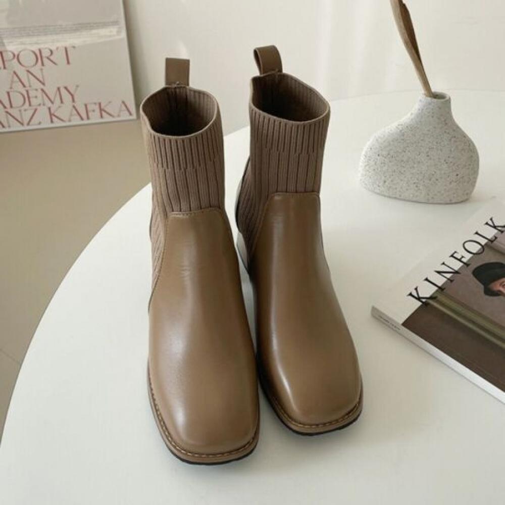 Melting Brown Women Daily Knit Combi Mid Boots Ankle Boots 2 Color