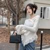 Irregular Tassels Pullover Autumn Elegant Woman Unique Design Slim Long Sleeve Pullover Trendy Street Solid Color Top
