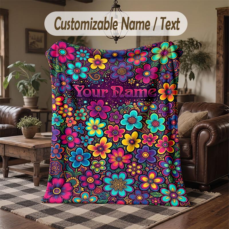 Floral Art Nouveau Theme Throw Blanket Custom Name Text Personalized Blanket Soft Cozy Blanket for Home Sofa Bed