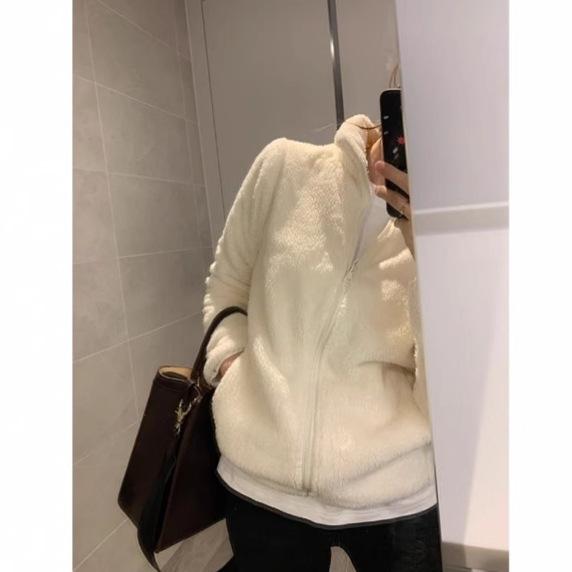 Женская флисовая куртка большого размера с двусторонним ворсом - Бархатистая, Плотная, Осень/Зима, Теплая, Свободного кроя, Воротник-стойка, Модный кардиган-свитшот.