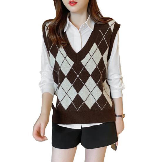 Женский вязаный жилет с ромбовидным узором, свободный, с V-образным вырезом, без рукавов, пуловер, майка, повседневный школьный свитер-топ