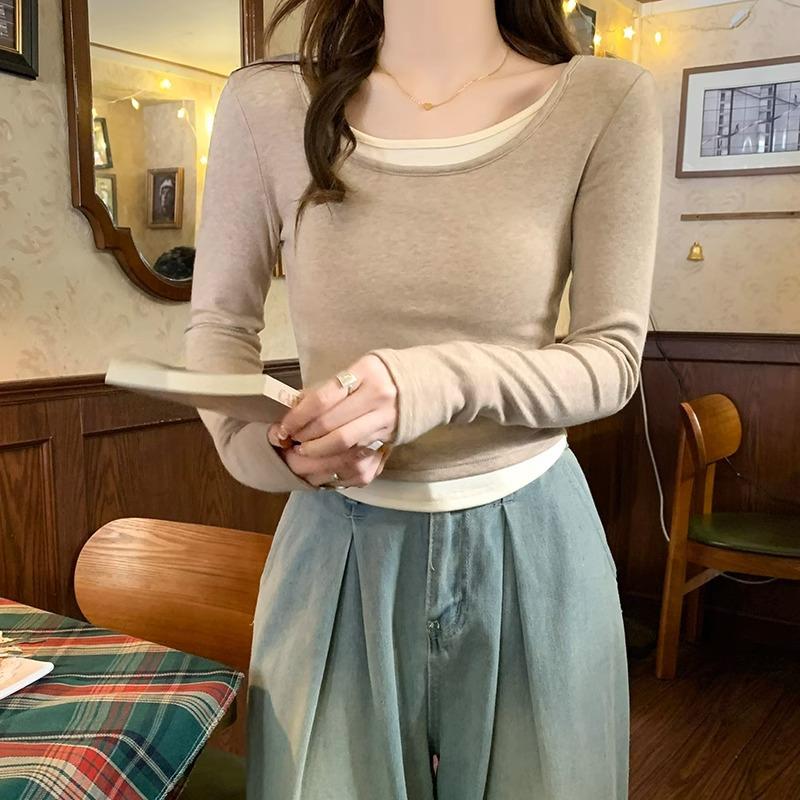 Разработаны поддельные двухкомпонентные футболки с длинными рукавами в стиле колор-блок для женщин на начало весны 2024 года, новые облегающие топы pure desire с низом рубашки