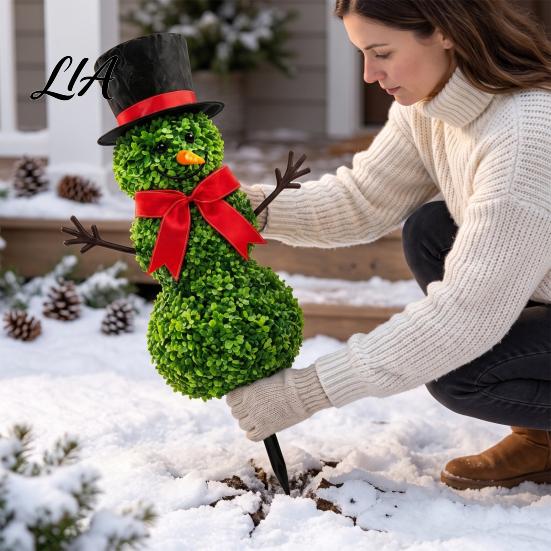 Three Ball Snowman Display Christmas Yard Stake, Simulation Topiary Decoration for Durable Plastic Stake Indoor Outdoor Porch Garden, Festive