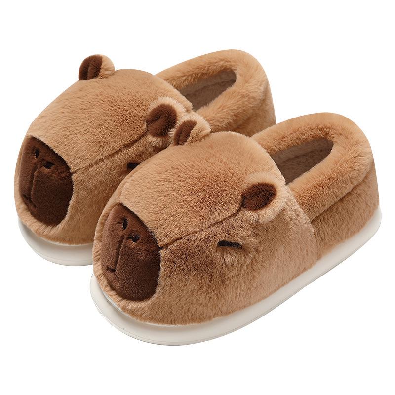 Capybara Women's Winter Cotton Slippers - Cute Cartoon Fluffy Heel, Parent-Child Warm Shoes for Kids & Men.