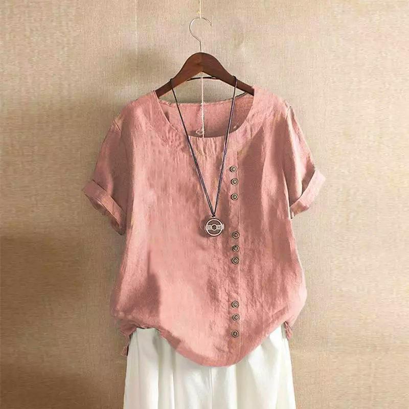 Women Loose Casual Tops Button Linen Daily Boho Tunic T-shirt Short Sleeve Blouse