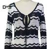 Women's Swimwear Cover-Up Striped Crochet Hollow Out Mesh Beach Dress V-Neck Tie Front Long Sleeve Summer Bathing Suit for Beach Vacation