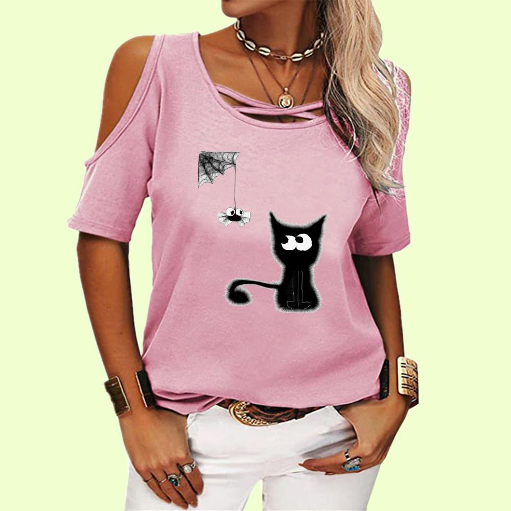 Женская модная футболка с коротким рукавом, топ с открытыми плечами, женская повседневная летняя футболка с круглым воротником и принтом кота