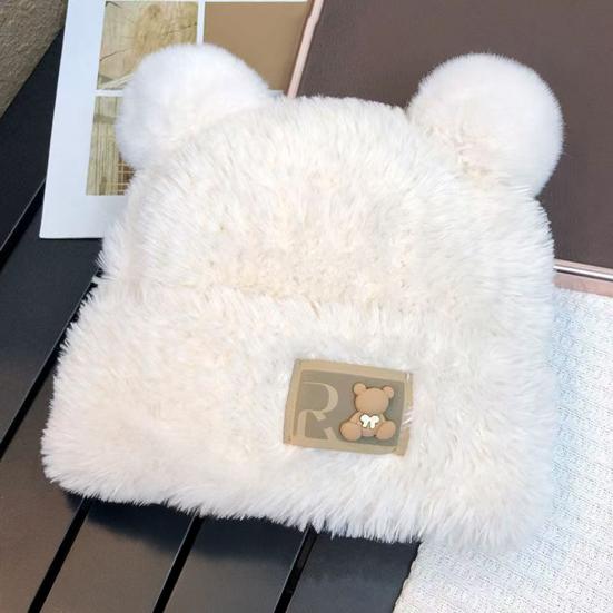 Women Knitted Hat Windproof Warm Solid Color Elastic Winter Hat Bear Ear Decor Cold Weather Plush Hat