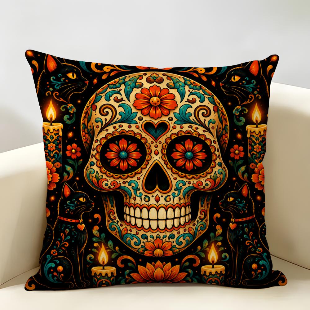 Halloween Sugar Skull Cushion Cover Durable Hypoallergenic Organic Linen Pillow Cover Short Size Washable Skin-Friendly