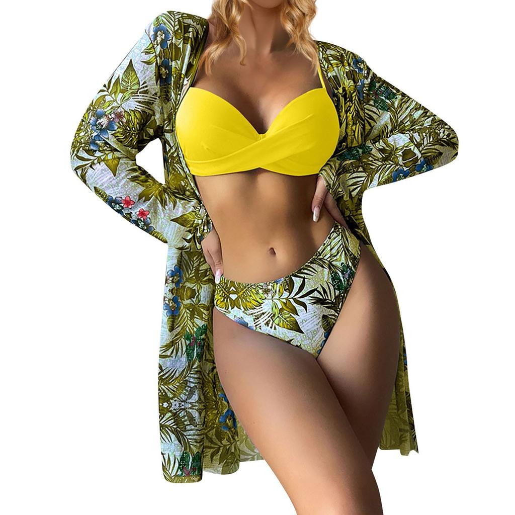 Женский бикини с цветочным принтом, сексуальный быстросохнущий купальник, комплект из 3 предметов