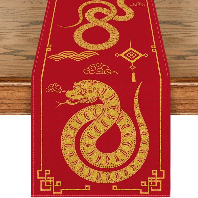 2025 Snake Year Table Runner Floral Snake Pattern Festival Party Decor Tablecloth Chinese Traditional New Year Table Covers