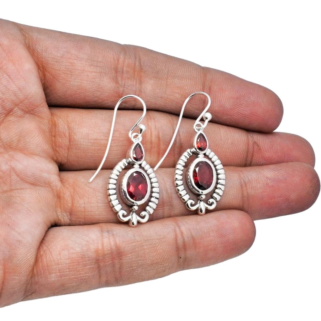 Natural Garnet Earrings, 925 Sterling Silver, Red gemstone, Gift for mom