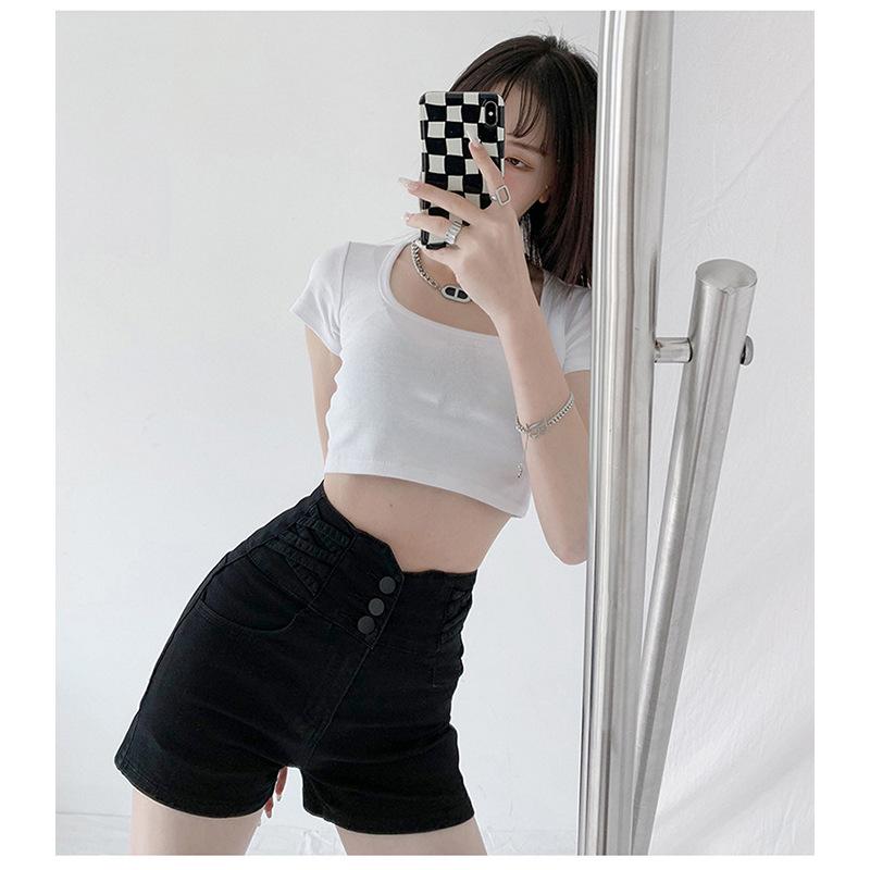 Черные джинсовые шорты с застежкой на пуговицы и высокой талией, корректирующие живот, для женщин, эластичные прямые брюки А-силуэта, широкие шорты в стиле Ins