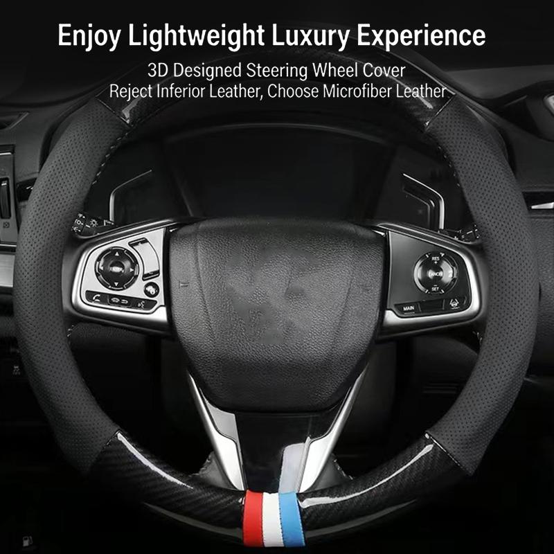 Suede Carbon Fiber Steering Wheel Cover Universal for Car Interior Breathable AntiSlip Fit for Most Vehicles