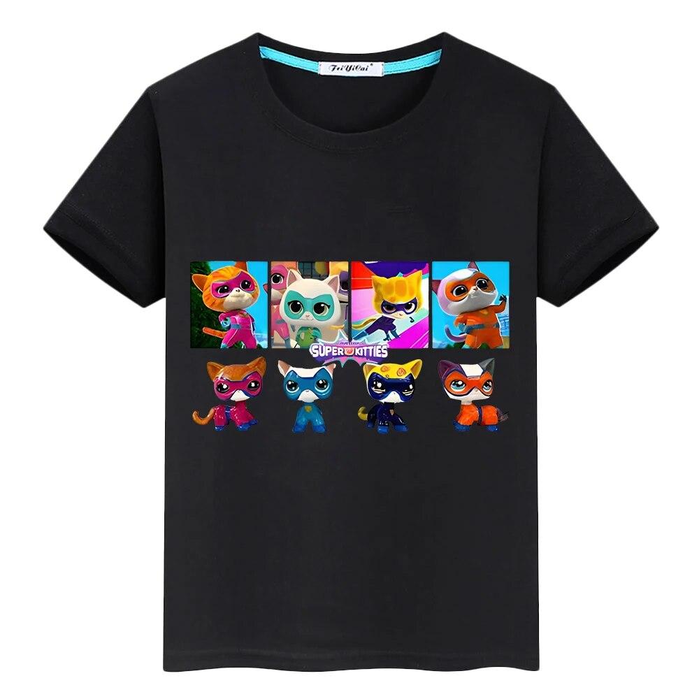Super Kitties Boys Clothes Summer 100%Cotton T Shirt Y2k One Piece Casual Anime Tees Kawaii Short Print Tops Kids Clothes Girls