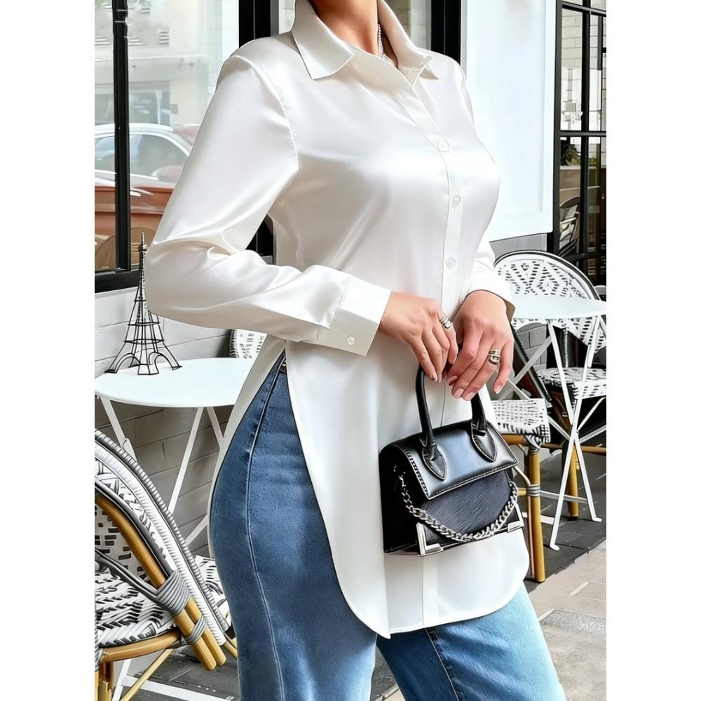 Fitted, Slimming, Long-sleeved Satin Shirt with An Asymmetrical Hem for Women