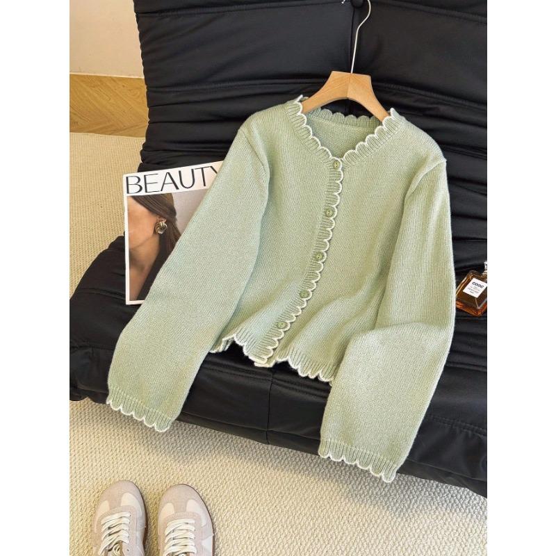 Women Lazy Style Wavy Edge Knit Cardigan Soft Slim Fit Sweater Coat
