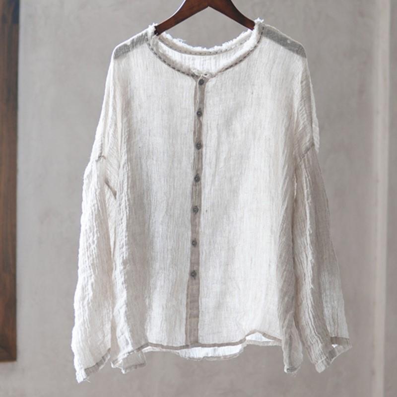 Johnature Винтажные женские рубашки с круглым вырезом и длинным рукавом на пуговицах, осенние свободные однотонные повседневные женские рубашки