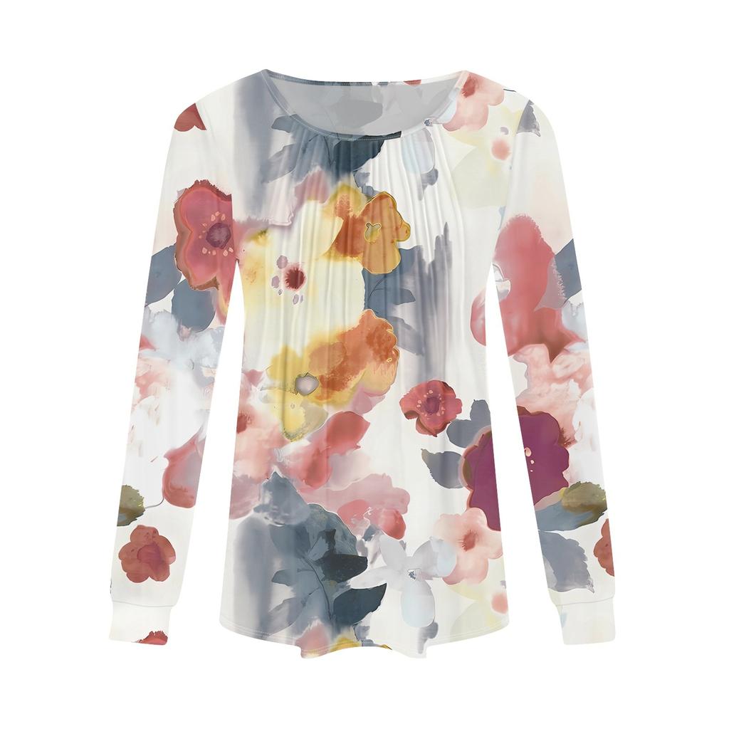 Long Sleeve Shirts For Women Tops Dressy Casual Blouses Pleated Scooped Neck Tunic Tops