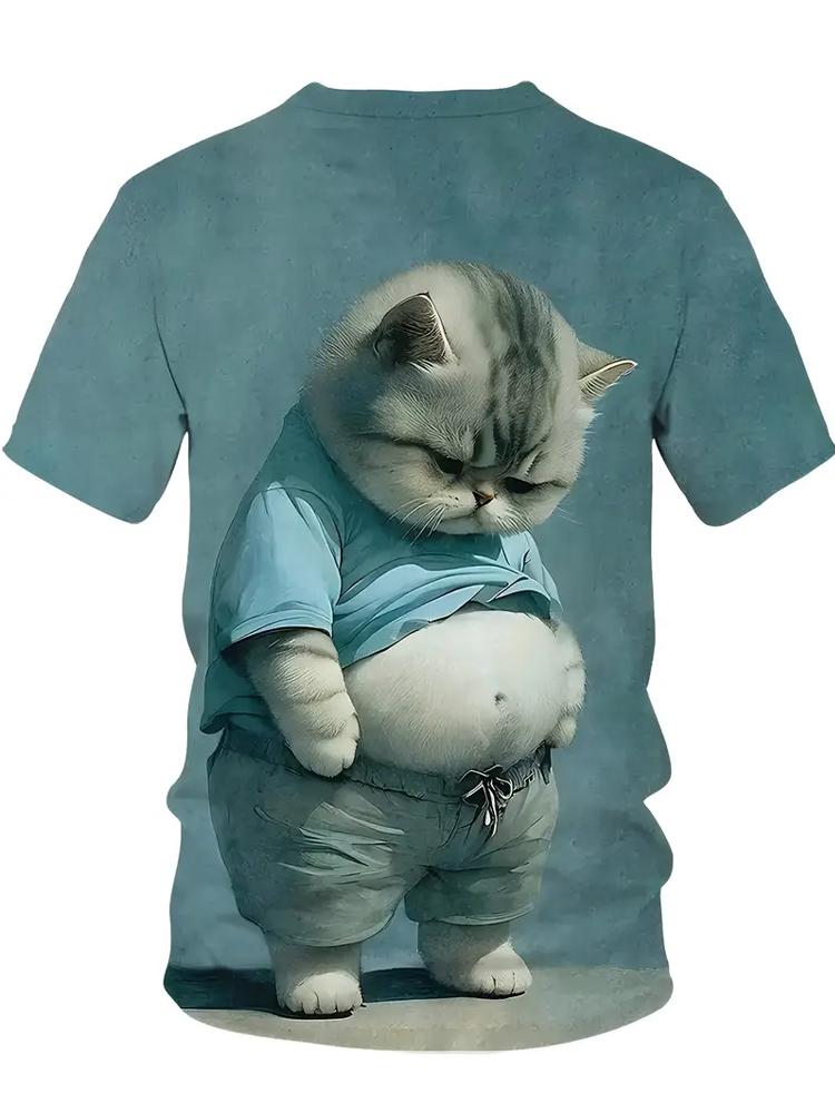 Мужская футболка с забавным принтом Fat Cat, повседневная, с круглым вырезом и коротким рукавом