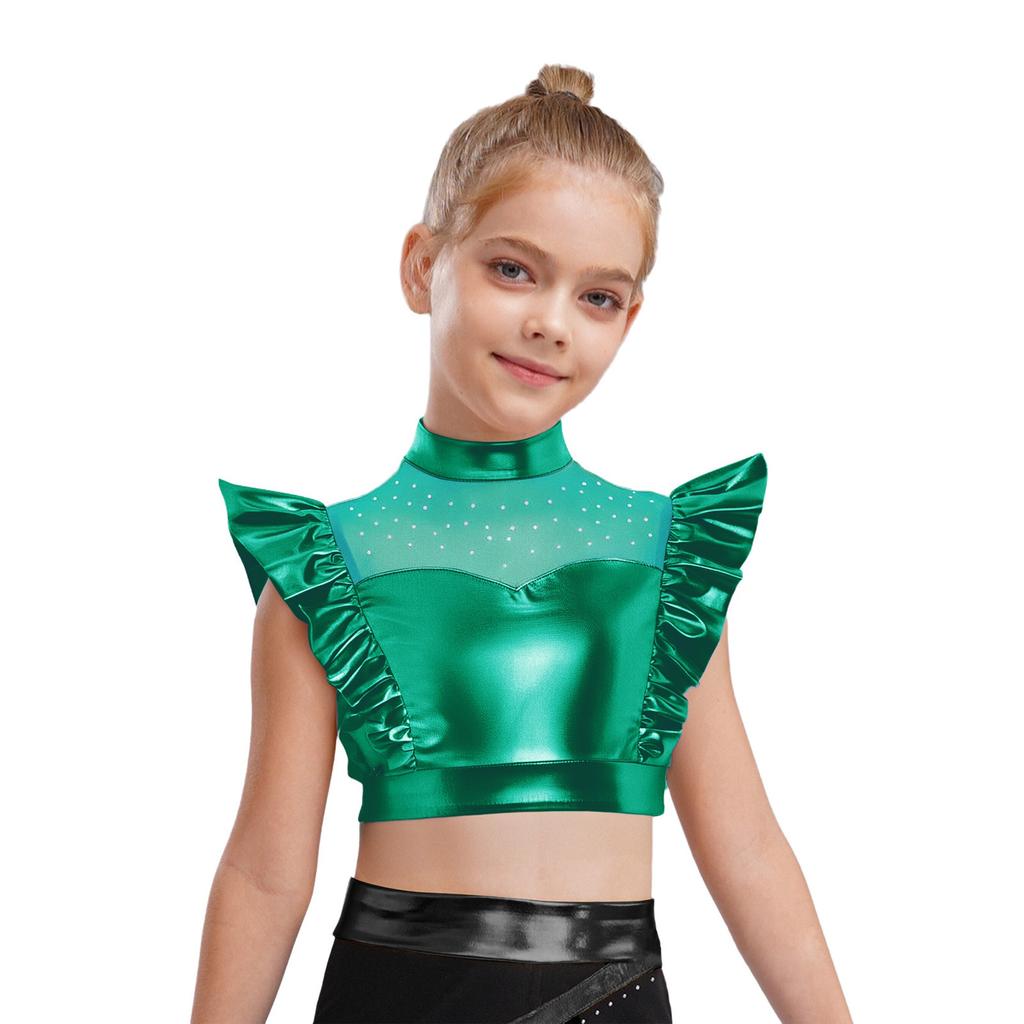 Kids Girls Metallic Tank Tops Mock Neck Mesh Patchwork Rhinestone Adorned Sleeveless Shiny Ruffle Crop Tops with Press Buttons Keyhole Back Dance Shir