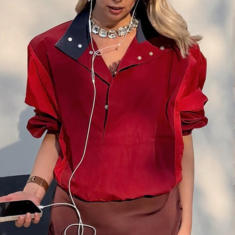 Color Block Splicing Collared Sweatshirt Loose Long Sleeve Top Women