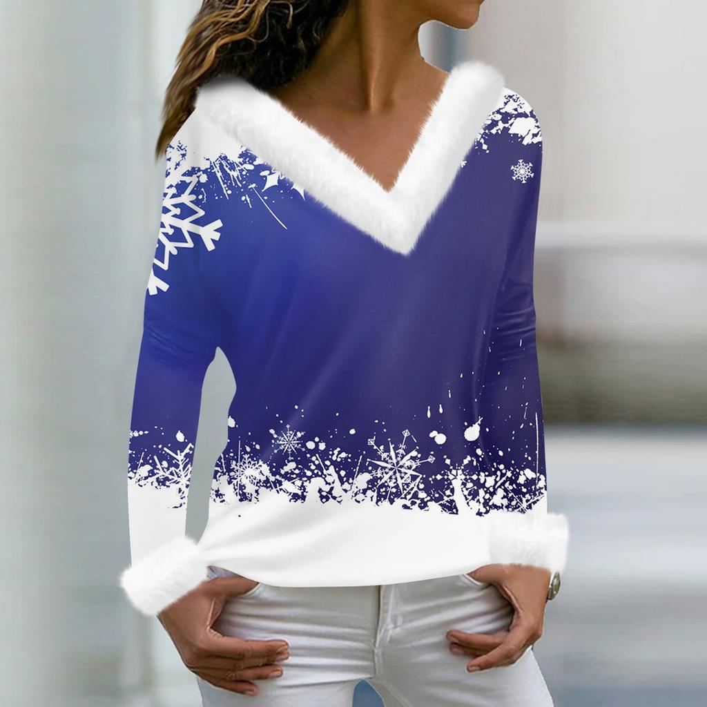 Women's Fashion Casual Long Sleeve V-Neck Christmas Printed Plush Top