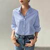 Women Loose Casual Stripe Blouse Spring Autumn Retro Fashion Classic Shirt Long Sleeve Turn Down Collar Tops