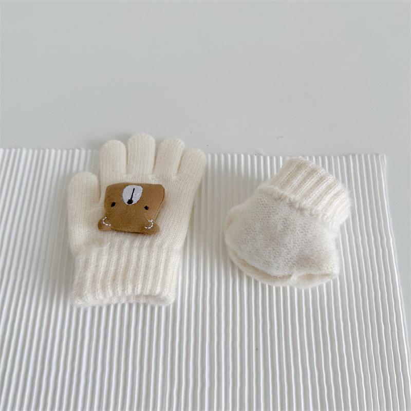 Cute Bear Baby Winter Gloves Solid Color Knitted Full Finger Gloves Kids Boys Girls Outdoor Warm Mittens