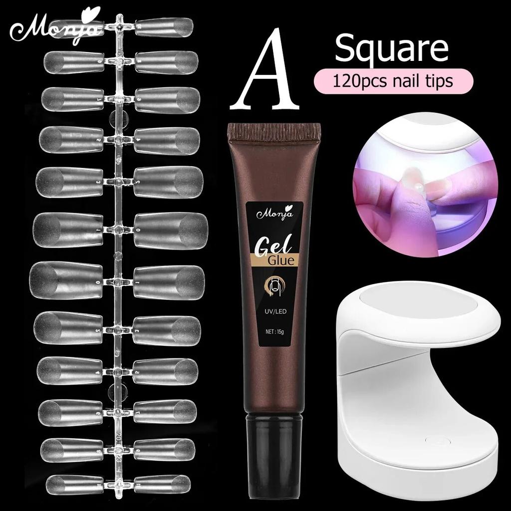monja 3 шт., набор для наращивания акрилового дизайна ногтей, 6 Вт, светодиодная лампа для сушки, 15 г, УФ-гель, клей, матовый квадратный длинный гроб, миндаль, клей для накладных накладных кончиков