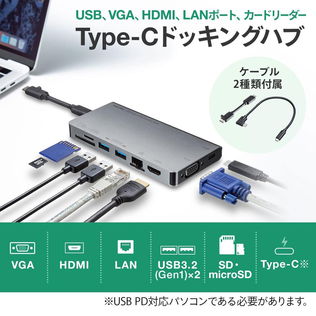 USB-докинг-хаб Sanwa Supply LAN и Card Type-C (с VGA, HDMI, Порт, Считыватель) USB-3TCH13S2