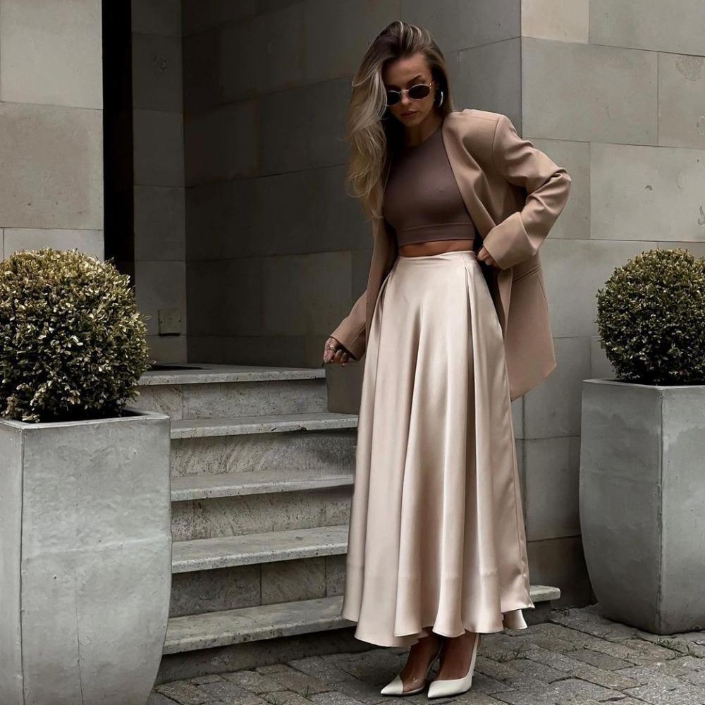 Юбка-полусолнце, новый летний стиль, элегантная, с высокой талией, атласного цвета, длинная юбка