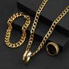 18K Gold Plated Cuban Stainless Steel Jewelry Set - Hip-Hop Style Necklace, Bracelet, and Ring