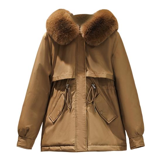 Зимняя женская куртка с меховым капюшоном, длинными рукавами, утепленным шнурком на талии, карманами, хлопковым пальто, застежкой-молнией, средней длины, однотонное ветрозащитное теплое пальто