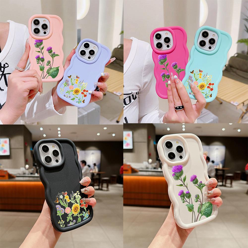 Чехлы для телефонов N75 Butterflies flowers Macaron Wavy Edge для iPhone 16 Pro Max Samsung S24 S23 Ultra A35 A54 A55 Xiaomi Redmi Note 13 Противоударный чехол
