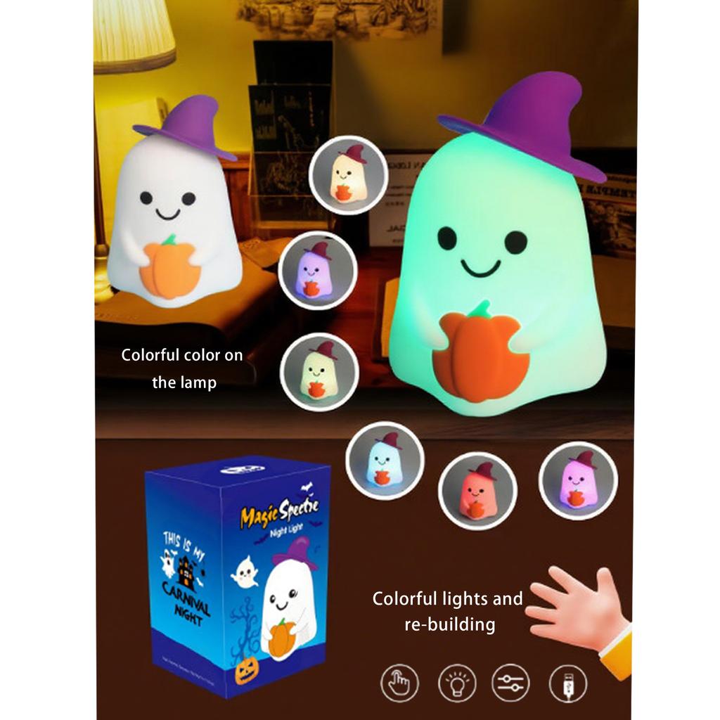 Милый ночник, Хэллоуин 7-цветная меняющаяся силиконовая лампа с ручным управлением, перезаряжаемая через USB-C диммируемая прикроватная лампа для детской спальни