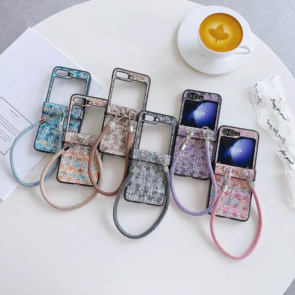 Wrist Strap Luxury PU Leather Phone Case for Samsung Galaxy Z Flip 6 5 4 3 5G Hinge Protection Shockproof Cover