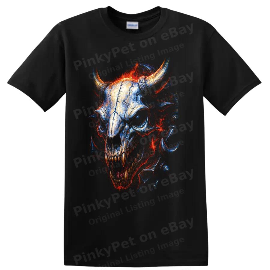 Horned Bull Skull T Shirt Gothic Neon Fire Art Graphic Halloween Dark Gift Tee