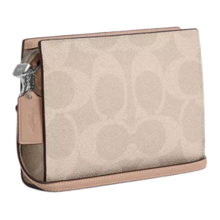 Coach Signature Canvas 20 Тонкая Сумка через плечо на цепочке с узором Color Block из Покрытого холста Маленькие Женские сумки Серебристый Бежевый Коричневый CAR12-SVPWH