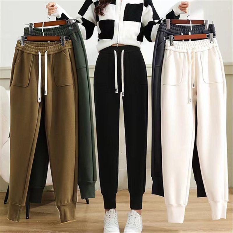 2026 Осень Зима Двусторонние Бархатные Ветрозащитные Уличные Спортивные Брюки Женские Свободные С манжетами Большие Карманы Утепленные С высокой посадкой Термо Спортивные Брюки