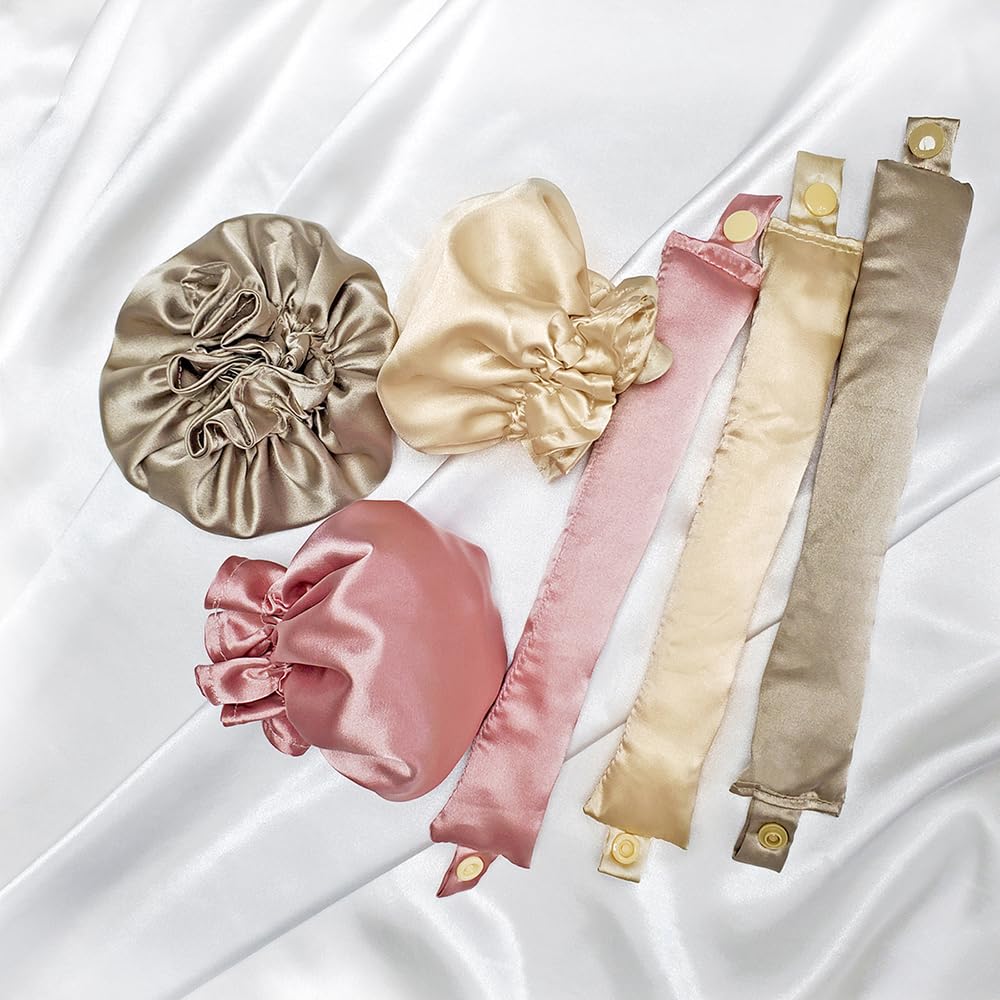 3Sets/6PCS Ariuvor Satin Heatless Hair Rollers for Overnight Curls, Soft Headband Rods with Hair Caps for All Hair Types (3-golden)