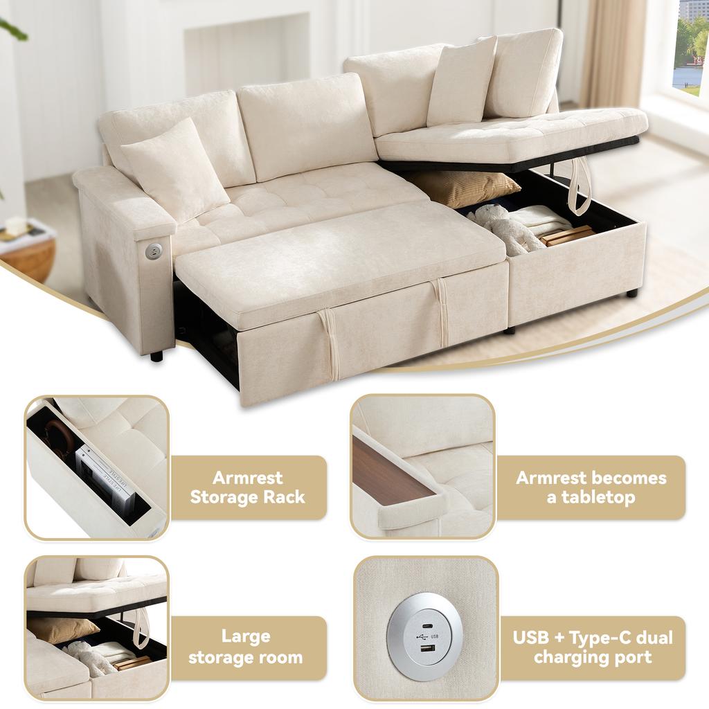 Modern L-shaped sofa with pull-out sofa bed, storage space, USB charger, armrest storage and 2 cushions, suitable for living room etc. Beige.