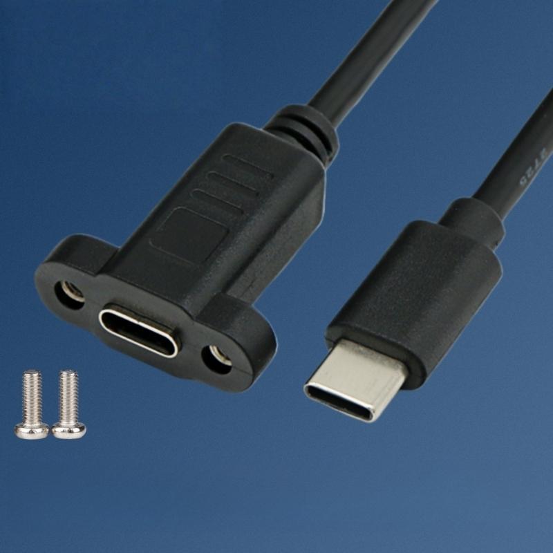 1 шт. Черный Кабель-удлинитель USB-C Type-C Папа-Мама для крепления на панель с разъемом-замком со сквозным отверстием для винта 0,3/0,5/1/1,5 метра