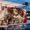 2D Flat Party Backdrop Banner - Large Japanese Geisha with Floral Tattoo & Calligraphy