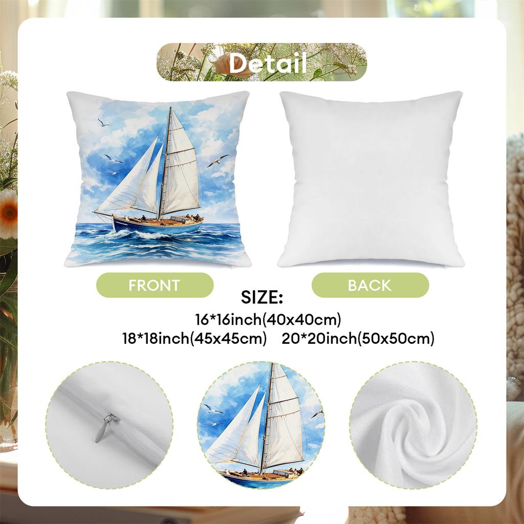 Watercolor Sailboat Seagull Digital Printing Pillow Cover Short Plush Suitable Living Rooms Bedrooms Sofas Throw Cushion Cover