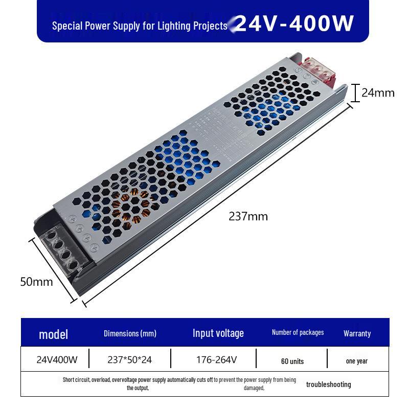 Ultra-Thin Silent Indoor Switching Power Supply, 220V to 12V/24V, 60/400W, LED Strip Driver Transformer for Light Boxes