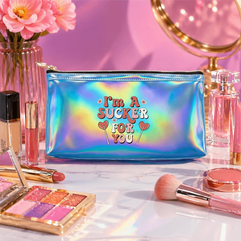 Retro Aesthetic Heart Lollipop Print Laser Cosmetic Makeup Bag, Holographic Travel Toiletry Organizer Pouch for Girls Women Daily Gift