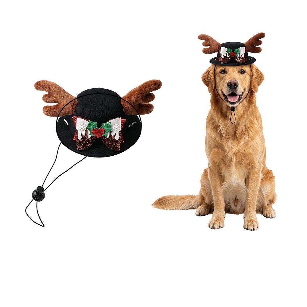Soft Plush Dog Reindeer Antler Cap Adjustable Snowflake Pet Hat Dog Xmas Bow Top Hat Dress Up